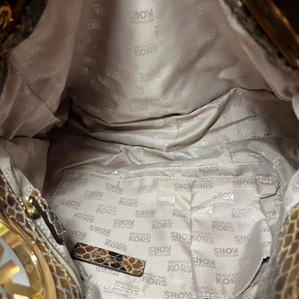 Michael Kors - Python Embossed Leather Shoulder Bag - Gray/Tan